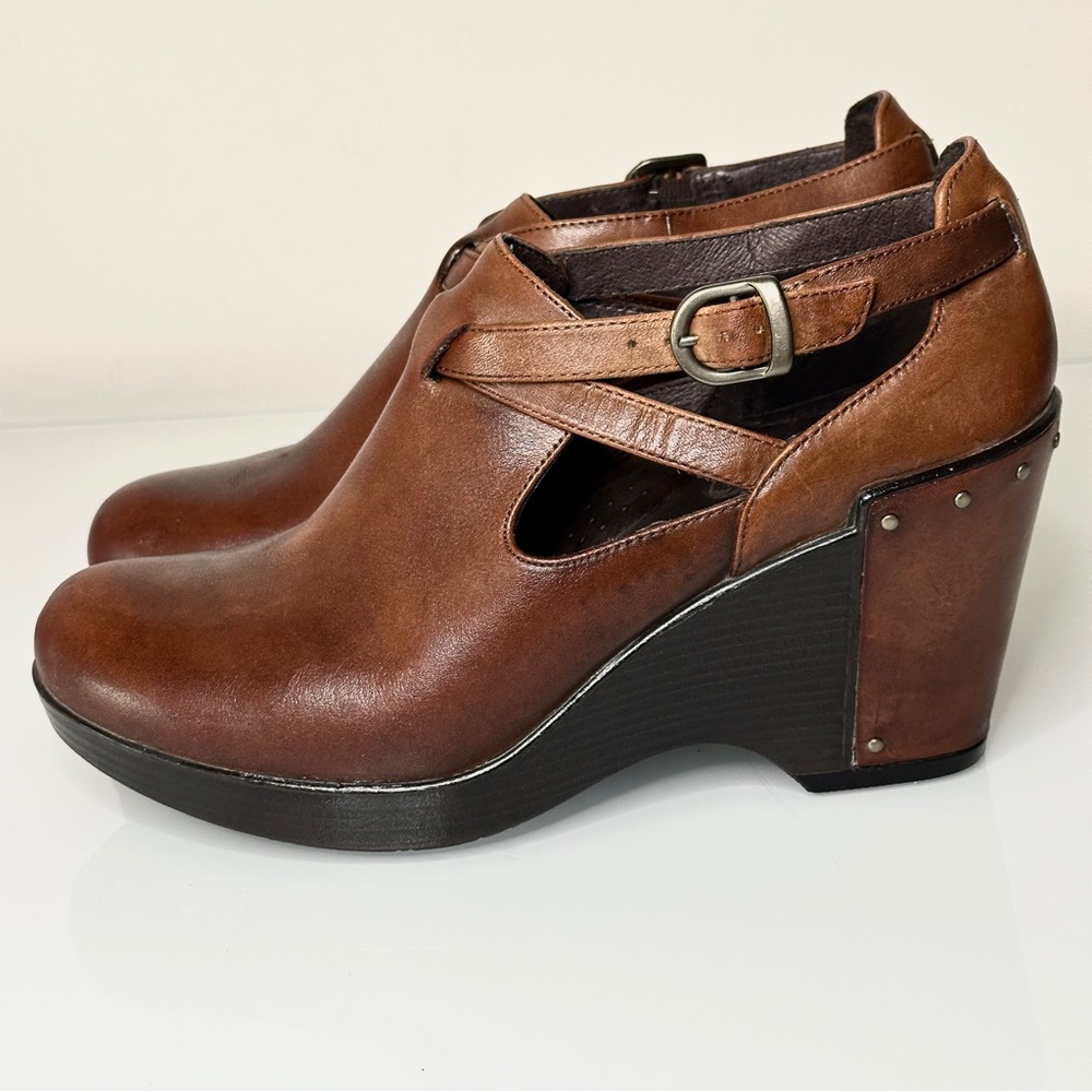Dansko Franka Leather Cross Strap Wedges 39 Brown Booties - Picture 4 of 11